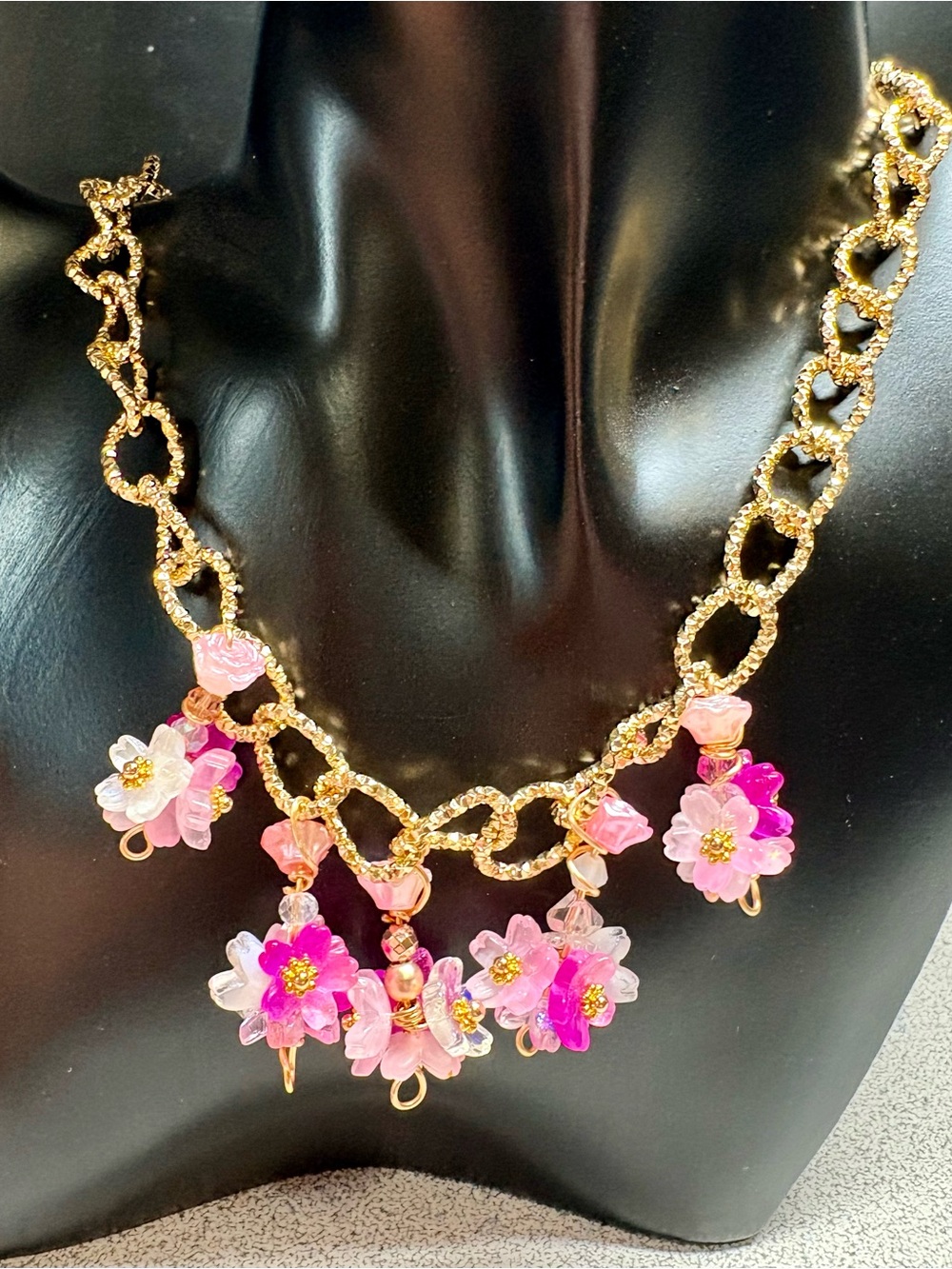 Lightweight but chunky Gold Chain Necklace with Pink Flower clusters